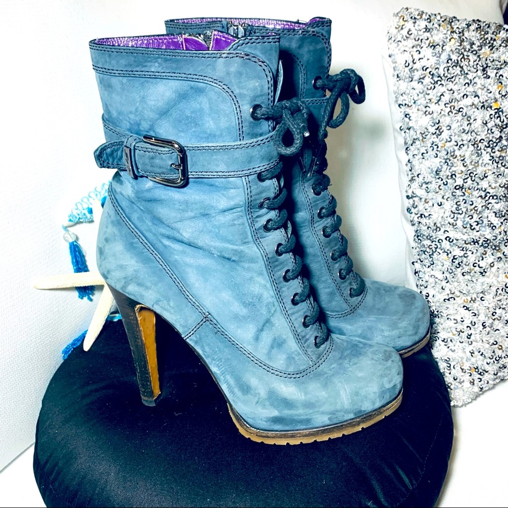 Grey Mer Heeled Booties | Steel Blue Gray | INTERIOR ankle Zip | EU Sz 39 |